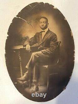 1896 Antique Convex Photo Young Black Man Full Portrait African American Framed