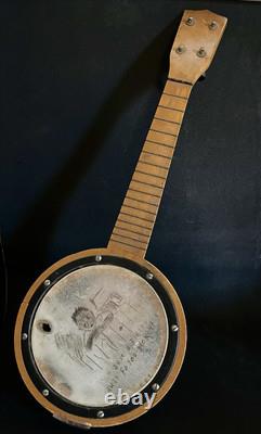 1920's Antique African American Folk Art Black Americana Drawing MS Banjo