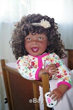 22-23 Curly AA/Ethnic/Black/African/Biracial Smiling Toddler Reborn Girl Doll