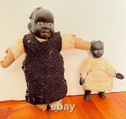 2 Antique Black African AMERICAN SMALL BISQUE PRIMITIVE FOLK ART DOLLS