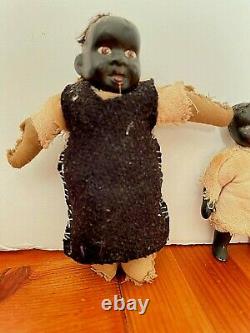 2 Antique Black African AMERICAN SMALL BISQUE PRIMITIVE FOLK ART DOLLS