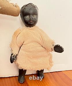 2 Antique Black African AMERICAN SMALL BISQUE PRIMITIVE FOLK ART DOLLS