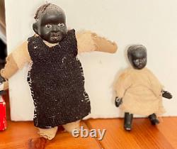 2 Antique Black African AMERICAN SMALL BISQUE PRIMITIVE FOLK ART DOLLS