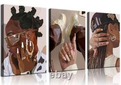 3Pcs Framed African American Black Woman Canvas Wall Art Fashion Black Girl W
