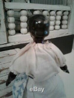 5 Antique BLACK CHINA HEAD DOLLHOUSE DOLL with Unusual Molded Headband