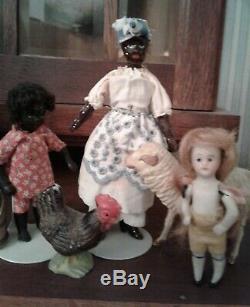 5 Antique BLACK CHINA HEAD DOLLHOUSE DOLL with Unusual Molded Headband