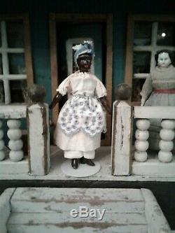 5 Antique BLACK CHINA HEAD DOLLHOUSE DOLL with Unusual Molded Headband