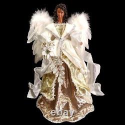 AFRICAN AMERICAN / BLACK ANGEL CHRISTMAS TREE TOPPER with REAL FEATHER WINGS