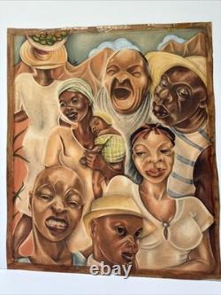 ANTIQUE BLACK FAMILY PORTRAIT HISTORY AFRICAN AMERICAN 1930'S ORIGINAL Painting