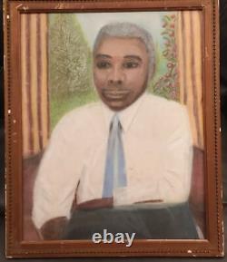 ATQ VTG African American Black Man Portrait Rose Folk Art Pastel Painting Frame