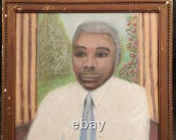 ATQ VTG African American Black Man Portrait Rose Folk Art Pastel Painting Frame