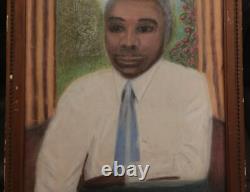 ATQ VTG African American Black Man Portrait Rose Folk Art Pastel Painting Frame