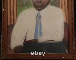 ATQ VTG African American Black Man Portrait Rose Folk Art Pastel Painting Frame