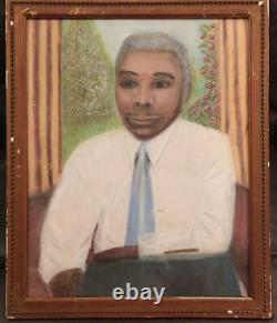 ATQ VTG African American Black Man Portrait Rose Folk Art Pastel Painting Frame