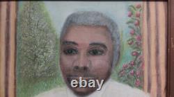 ATQ VTG African American Black Man Portrait Rose Folk Art Pastel Painting Frame