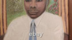 ATQ VTG African American Black Man Portrait Rose Folk Art Pastel Painting Frame