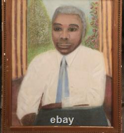 ATQ VTG African American Black Man Portrait Rose Folk Art Pastel Painting Frame