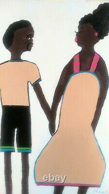 African American Art Woman Man 11x14 Poster Oil -Acrylic Black Blue Pink White