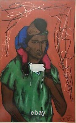 African American Black Doctor Mask Modernist Large Original Oil Pastel Painting