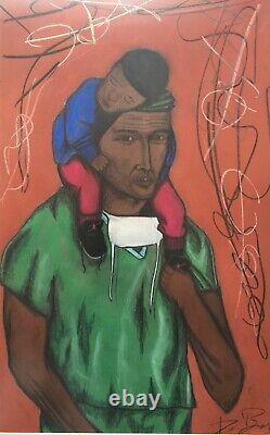 African American Black Doctor Mask Modernist Large Original Oil Pastel Painting