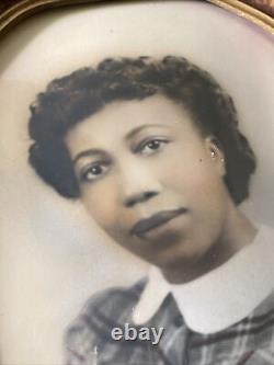 African American Black Woman Antique Convex Oval Bubble Glass Portrait Tinted