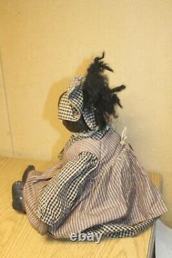 African American Folk Art Primitive Carved Wood Black Doll Marked AA Wooden 20