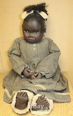 African American Folk Art Primitive Carved Wood Black Doll Marked AA Wooden 30