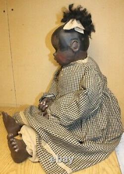African American Folk Art Primitive Carved Wood Black Doll Marked AA Wooden 30