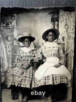 African American Girls & Boxers Antique Tintype Photo Black Americana