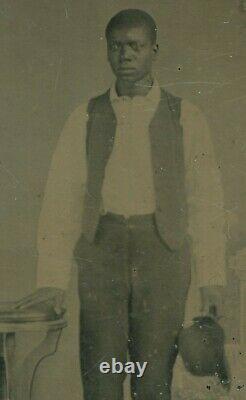 African American Man, Holding Hat, Standing Pose. Tintype