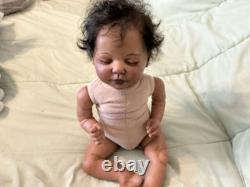African American Medium Dark Reborn Girl Doll Curly Black Hair Pink Outfit