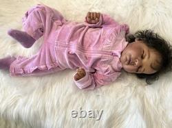 African American Medium Dark Reborn Girl Doll Curly Black Hair Pink Outfit