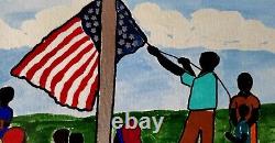 African American Outsider Folk Art Painting 19x17 Raising American Flag