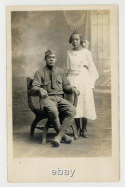 African American Soldier withYoung Bride 1918 Wedding WWI RPPC Black Photo J15209