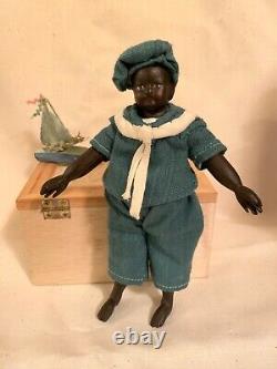 Antique 1890 Jolly little sailor 6 small doll restored, handcarved wooden limbs