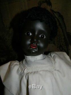 Antique 21 Black Painted Bisque Child, Glass Sleepy Eyes