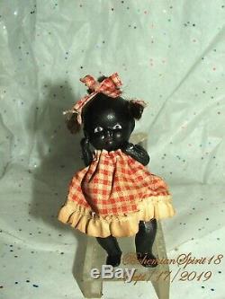 Antique 30's Japan African American Jointed Bisque 4'' GIRL Checkered Dress Doll