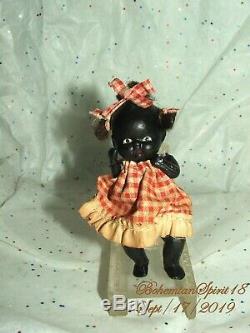 Antique 30's Japan African American Jointed Bisque 4'' GIRL Checkered Dress Doll