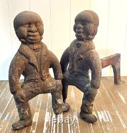 Antique African American Black Cast Iron Figural Andirons Dogs Fireplace