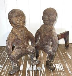 Antique African American Black Cast Iron Figural Andirons Dogs Fireplace