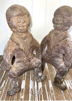 Antique African American Black Cast Iron Figural Andirons Dogs Fireplace