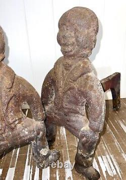 Antique African American Black Cast Iron Figural Andirons Dogs Fireplace