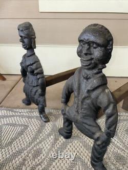 Antique African American Black Cast Iron Figural Andirons Dogs Fireplace