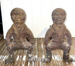 Antique African American Black Cast Iron Figural Andirons Dogs Fireplace