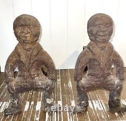 Antique African American Black Cast Iron Figural Andirons Dogs Fireplace