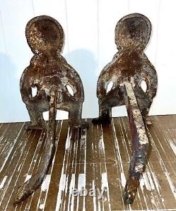 Antique African American Black Cast Iron Figural Andirons Dogs Fireplace