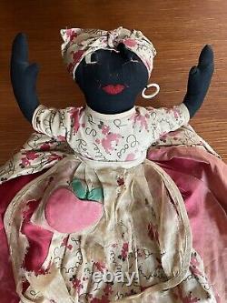 Antique African American Black Cloth Rag Doll Folk Art Peach on Dress Americana