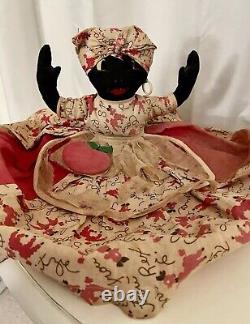 Antique African American Black Cloth Rag Doll Folk Art Peach on Dress Americana