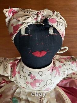 Antique African American Black Cloth Rag Doll Folk Art Peach on Dress Americana