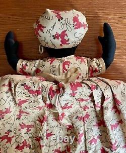 Antique African American Black Cloth Rag Doll Folk Art Peach on Dress Americana